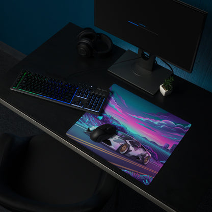 Lamborghini Huracán Inspired White Purple Vaporwave Gaming Mouse Pad – Neon Crystal Highway Desk Mat, Retro Futuristic Supercar Digital Art