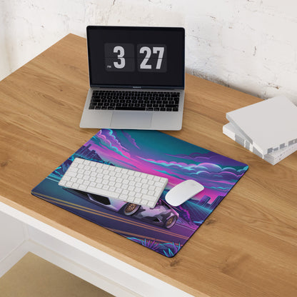 Lamborghini Huracán Inspired White Purple Vaporwave Gaming Mouse Pad – Neon Crystal Highway Desk Mat, Retro Futuristic Supercar Digital Art