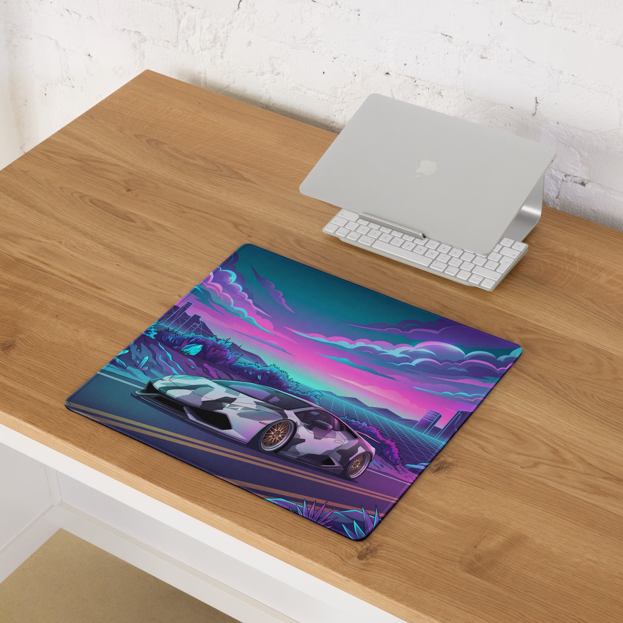 Lamborghini Huracán Inspired White Purple Vaporwave Gaming Mouse Pad – Neon Crystal Highway Desk Mat, Retro Futuristic Supercar Digital Art