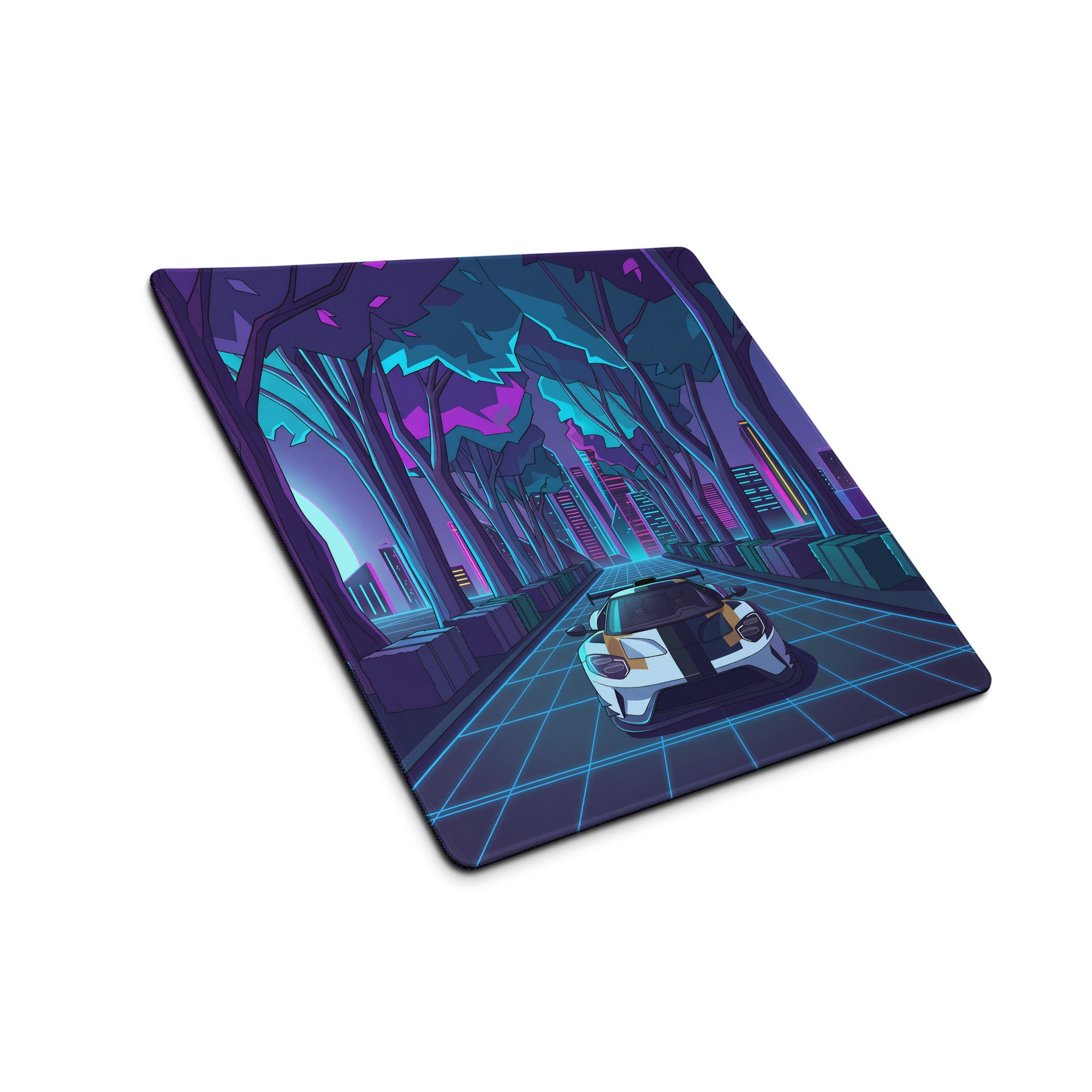 Ford GT Inspired White Gold Vaporwave Gaming Mouse Pad – Neon Cyber Forest Desk Mat, Retro Futuristic Supercar Cityscape Digital Art