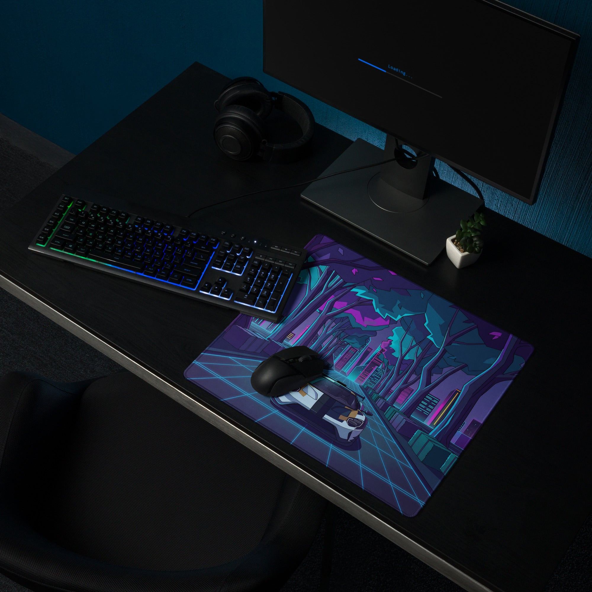 Ford GT Inspired White Gold Vaporwave Gaming Mouse Pad – Neon Cyber Forest Desk Mat, Retro Futuristic Supercar Cityscape Digital Art
