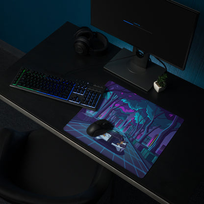 Ford GT Inspired White Gold Vaporwave Gaming Mouse Pad – Neon Cyber Forest Desk Mat, Retro Futuristic Supercar Cityscape Digital Art