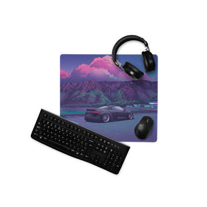 Audi R8 Inspired Black Purple Vaporwave Gaming Mouse Pad – Neon Mountain Lake Parking Lot Desk Mat, Retro Futuristic Supercar Digital Art