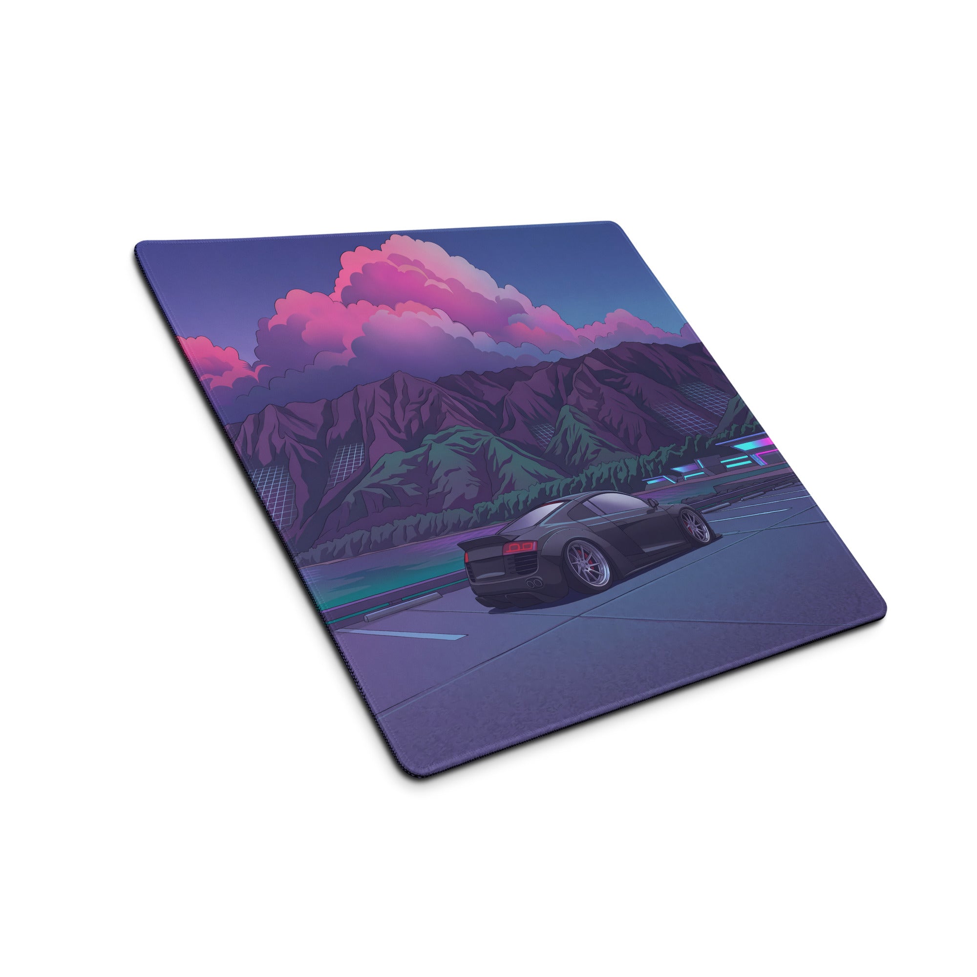 Audi R8 Inspired Black Purple Vaporwave Gaming Mouse Pad – Neon Mountain Lake Parking Lot Desk Mat, Retro Futuristic Supercar Digital Art