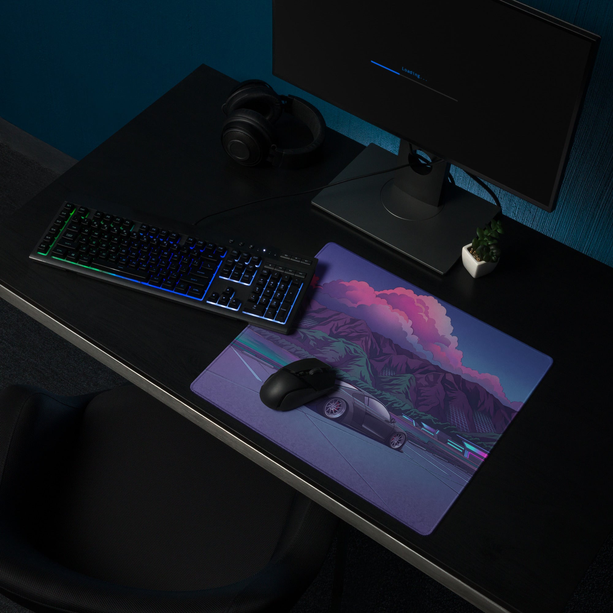 Audi R8 Inspired Black Purple Vaporwave Gaming Mouse Pad – Neon Mountain Lake Parking Lot Desk Mat, Retro Futuristic Supercar Digital Art