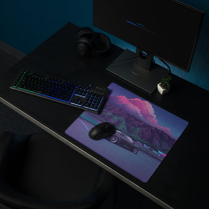Audi R8 Inspired Black Purple Vaporwave Gaming Mouse Pad – Neon Mountain Lake Parking Lot Desk Mat, Retro Futuristic Supercar Digital Art