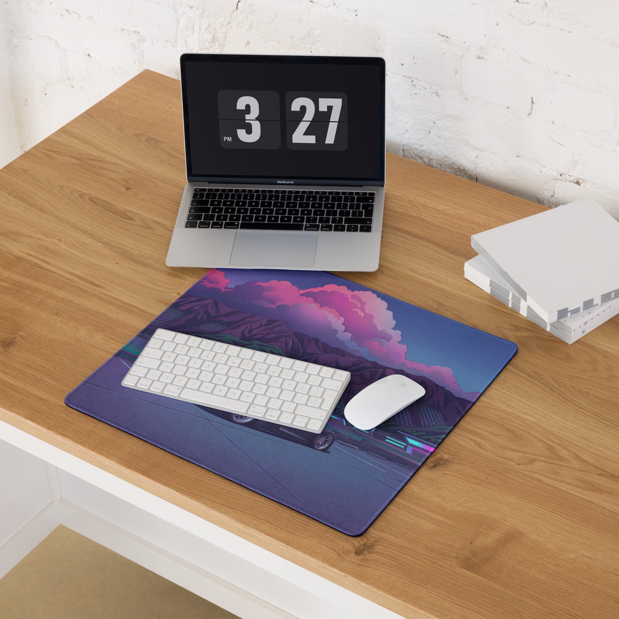 Audi R8 Inspired Black Purple Vaporwave Gaming Mouse Pad – Neon Mountain Lake Parking Lot Desk Mat, Retro Futuristic Supercar Digital Art