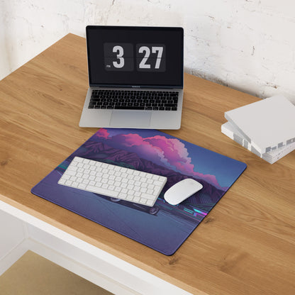 Audi R8 Inspired Black Purple Vaporwave Gaming Mouse Pad – Neon Mountain Lake Parking Lot Desk Mat, Retro Futuristic Supercar Digital Art