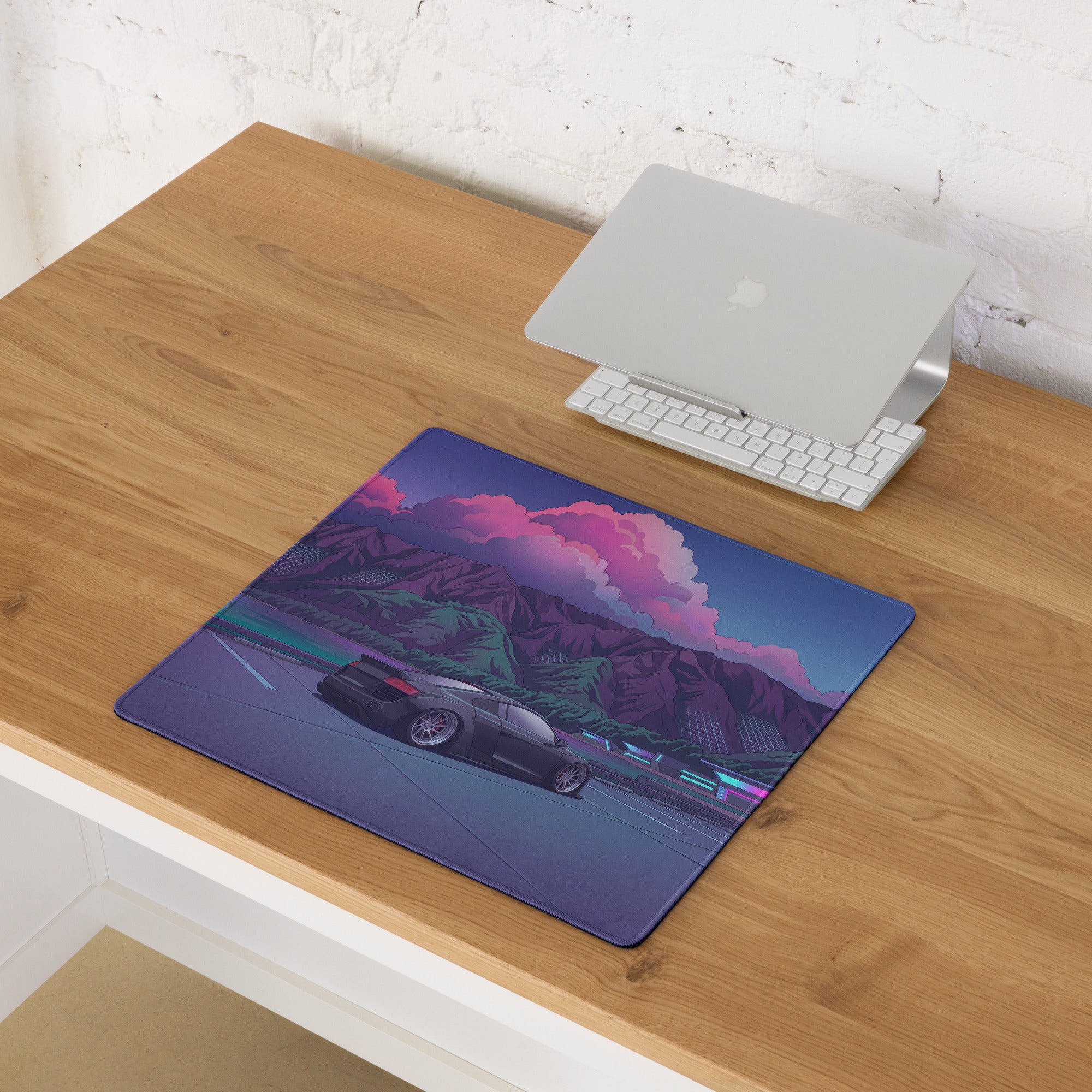 Audi R8 Inspired Black Purple Vaporwave Gaming Mouse Pad – Neon Mountain Lake Parking Lot Desk Mat, Retro Futuristic Supercar Digital Art