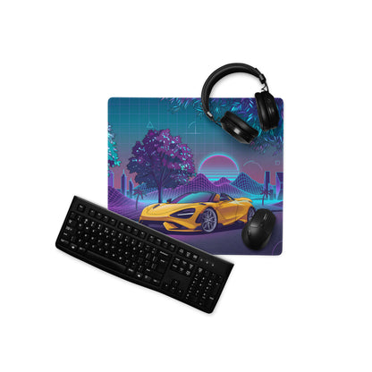 McLaren 765LT Spider Inspired Yellow Purple Vaporwave Gaming Mouse Pad – Neon Retro Grid Desk Mat, Futuristic Supercar Cityscape Digital Art