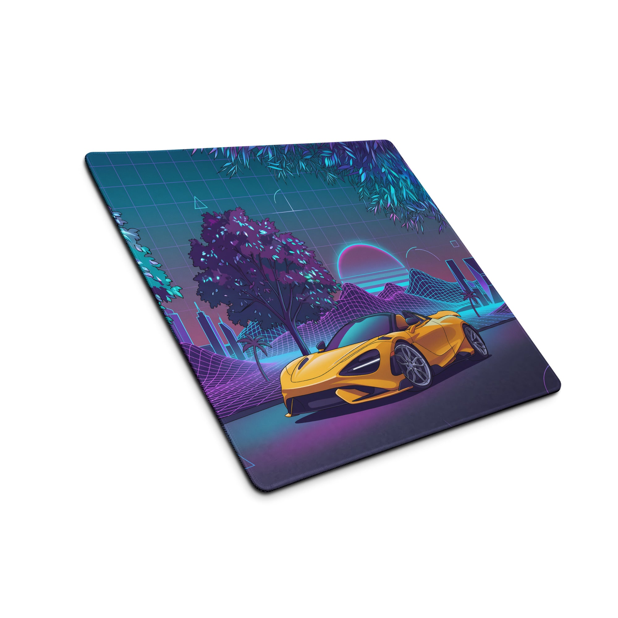 McLaren 765LT Spider Inspired Yellow Purple Vaporwave Gaming Mouse Pad – Neon Retro Grid Desk Mat, Futuristic Supercar Cityscape Digital Art