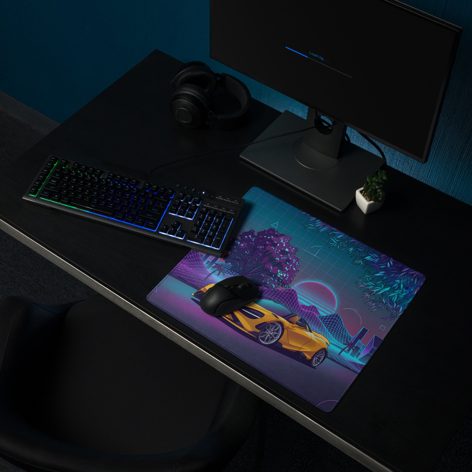 McLaren 765LT Spider Inspired Yellow Purple Vaporwave Gaming Mouse Pad – Neon Retro Grid Desk Mat, Futuristic Supercar Cityscape Digital Art