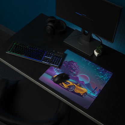 McLaren 765LT Spider Inspired Yellow Purple Vaporwave Gaming Mouse Pad – Neon Retro Grid Desk Mat, Futuristic Supercar Cityscape Digital Art