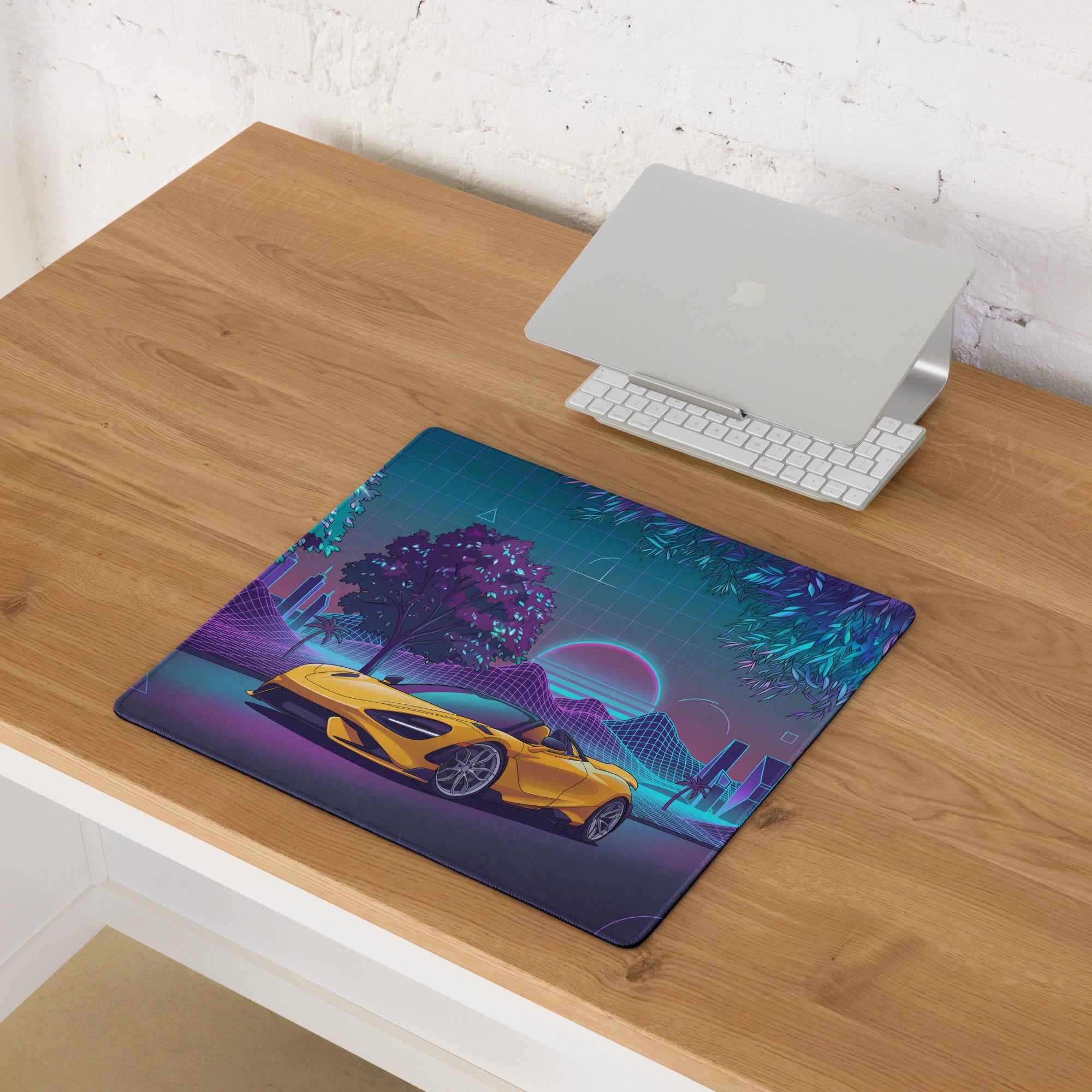 McLaren 765LT Spider Inspired Yellow Purple Vaporwave Gaming Mouse Pad – Neon Retro Grid Desk Mat, Futuristic Supercar Cityscape Digital Art