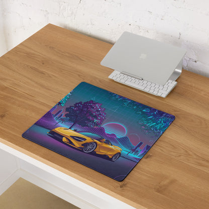 McLaren 765LT Spider Inspired Yellow Purple Vaporwave Gaming Mouse Pad – Neon Retro Grid Desk Mat, Futuristic Supercar Cityscape Digital Art