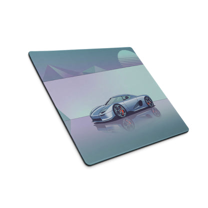 Koenigsegg CCX Inspired Silver Blue Vaporwave Gaming Mouse Pad – Minimalist Retro Futuristic Garage Desk Mat, Dreamy Supercar Digital Art