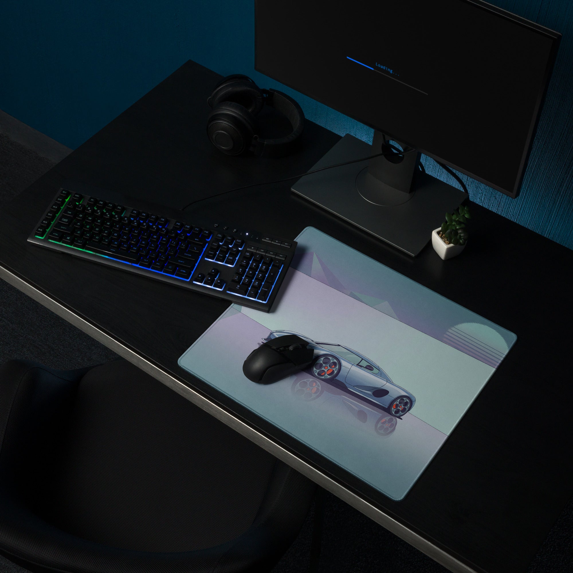 Koenigsegg CCX Inspired Silver Blue Vaporwave Gaming Mouse Pad – Minimalist Retro Futuristic Garage Desk Mat, Dreamy Supercar Digital Art