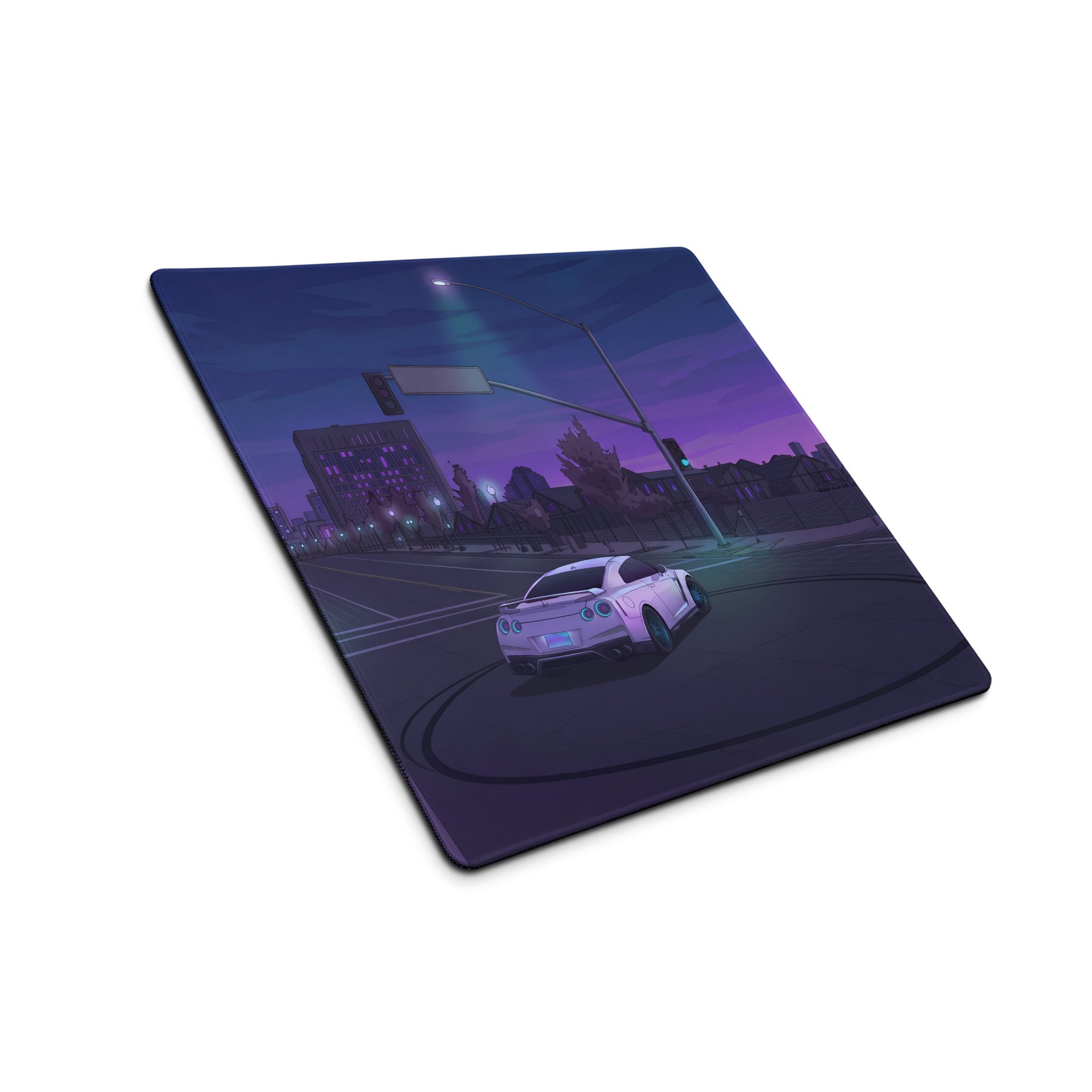 Nissan GT-R R35 Inspired White Purple Vaporwave Gaming Mouse Pad – Neon City Intersection Desk Mat, Moody Retro Futuristic JDM Digital Art