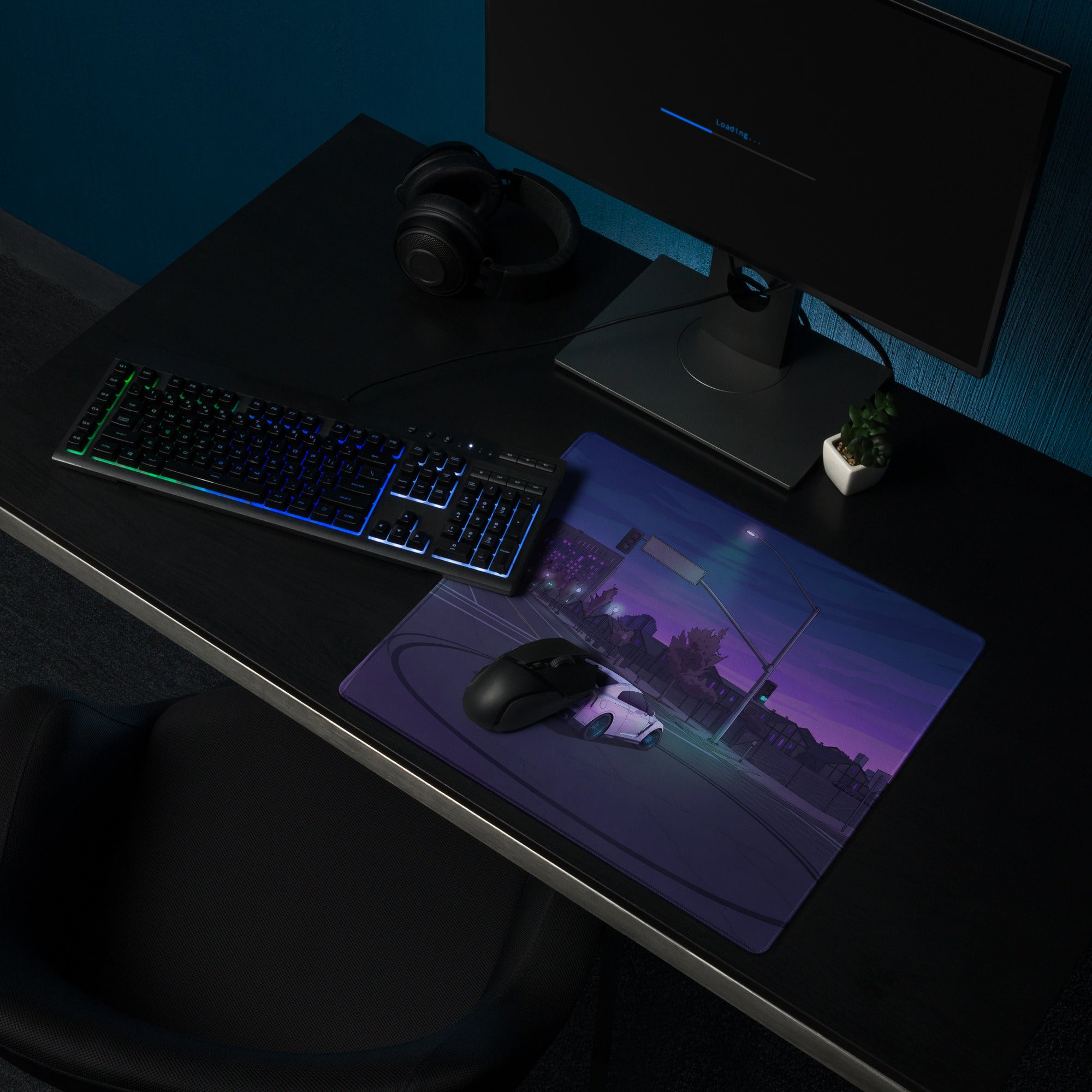 Nissan GT-R R35 Inspired White Purple Vaporwave Gaming Mouse Pad – Neon City Intersection Desk Mat, Moody Retro Futuristic JDM Digital Art
