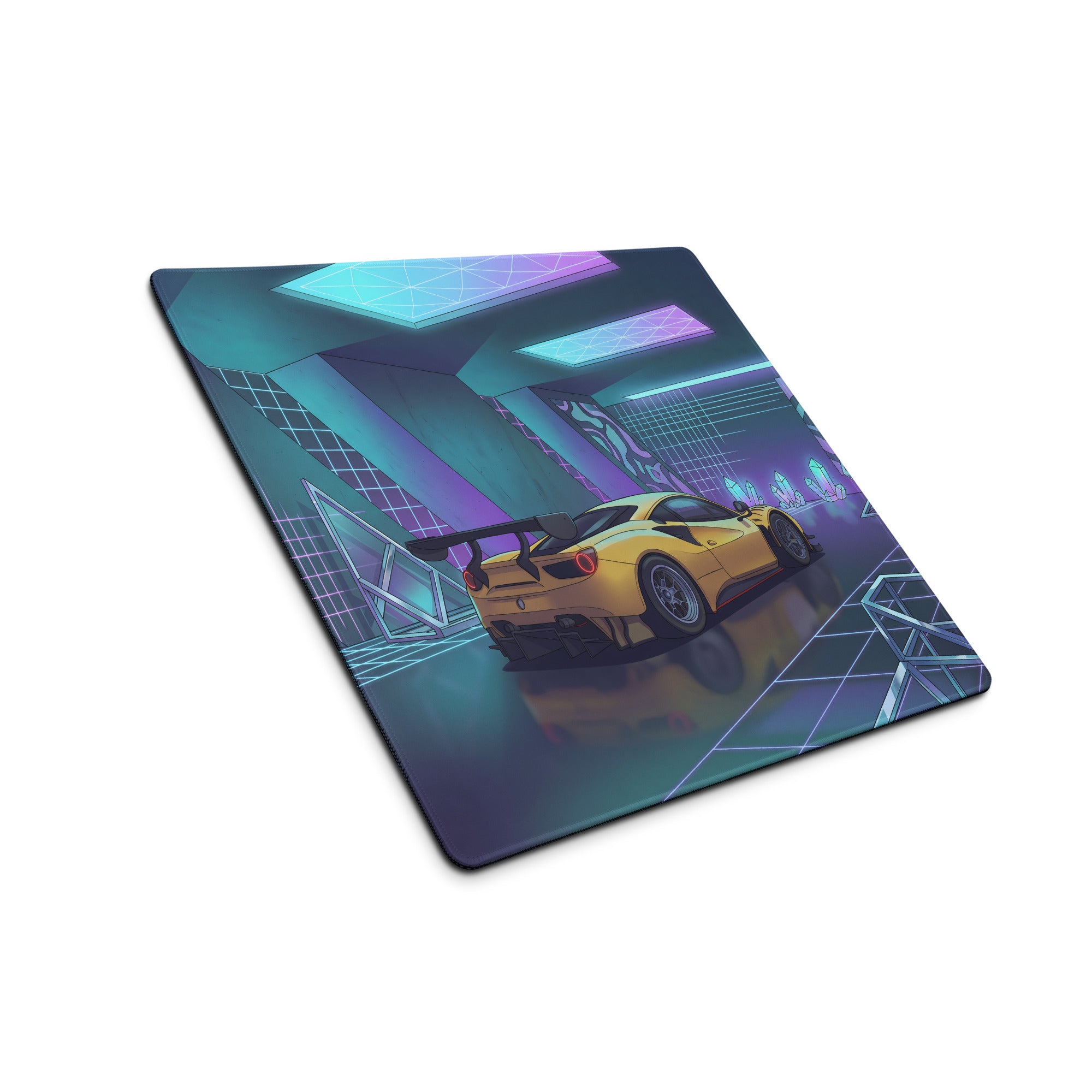 Ferrari 488 GT3 Inspired Yellow Purple Vaporwave Gaming Mouse Pad – Neon Crystal Garage Desk Mat, Retro Futuristic Race Car Digital Art