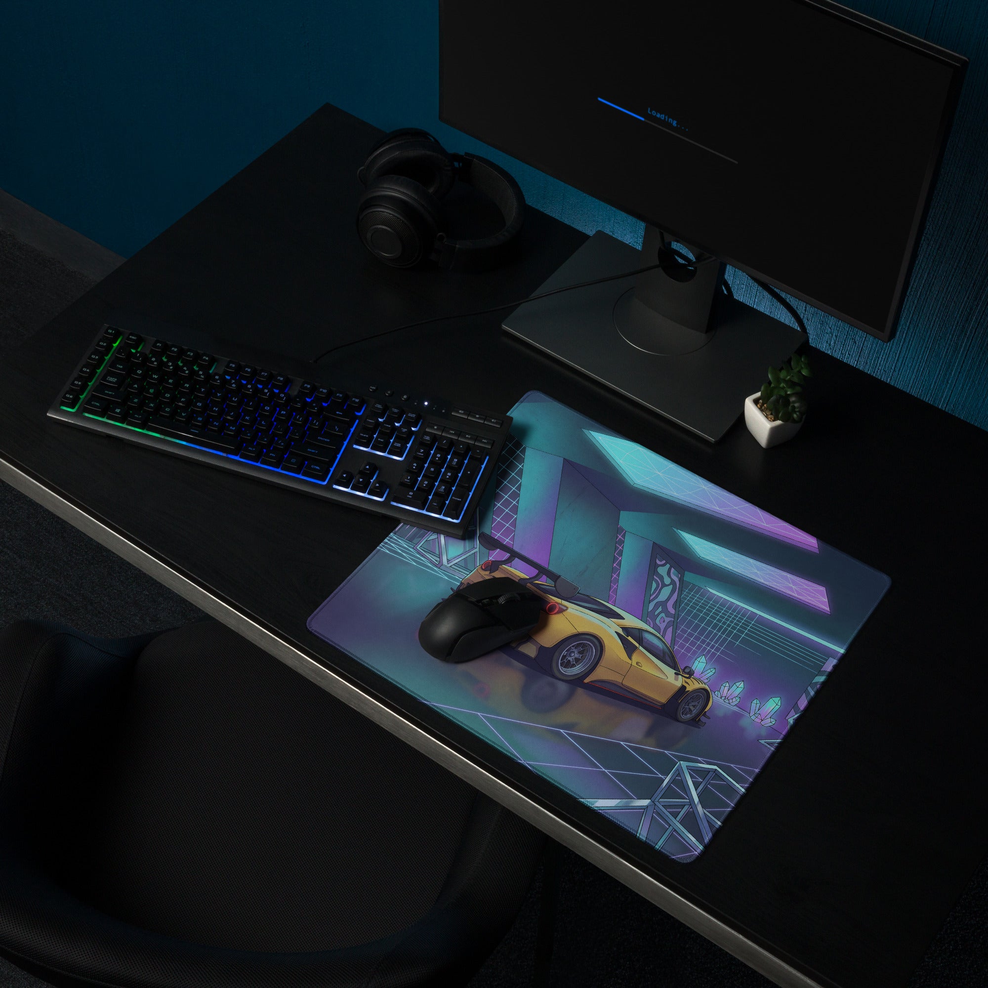 Ferrari 488 GT3 Inspired Yellow Purple Vaporwave Gaming Mouse Pad – Neon Crystal Garage Desk Mat, Retro Futuristic Race Car Digital Art