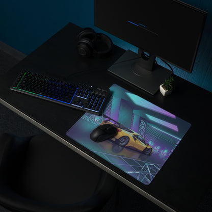 Ferrari 488 GT3 Inspired Yellow Purple Vaporwave Gaming Mouse Pad – Neon Crystal Garage Desk Mat, Retro Futuristic Race Car Digital Art