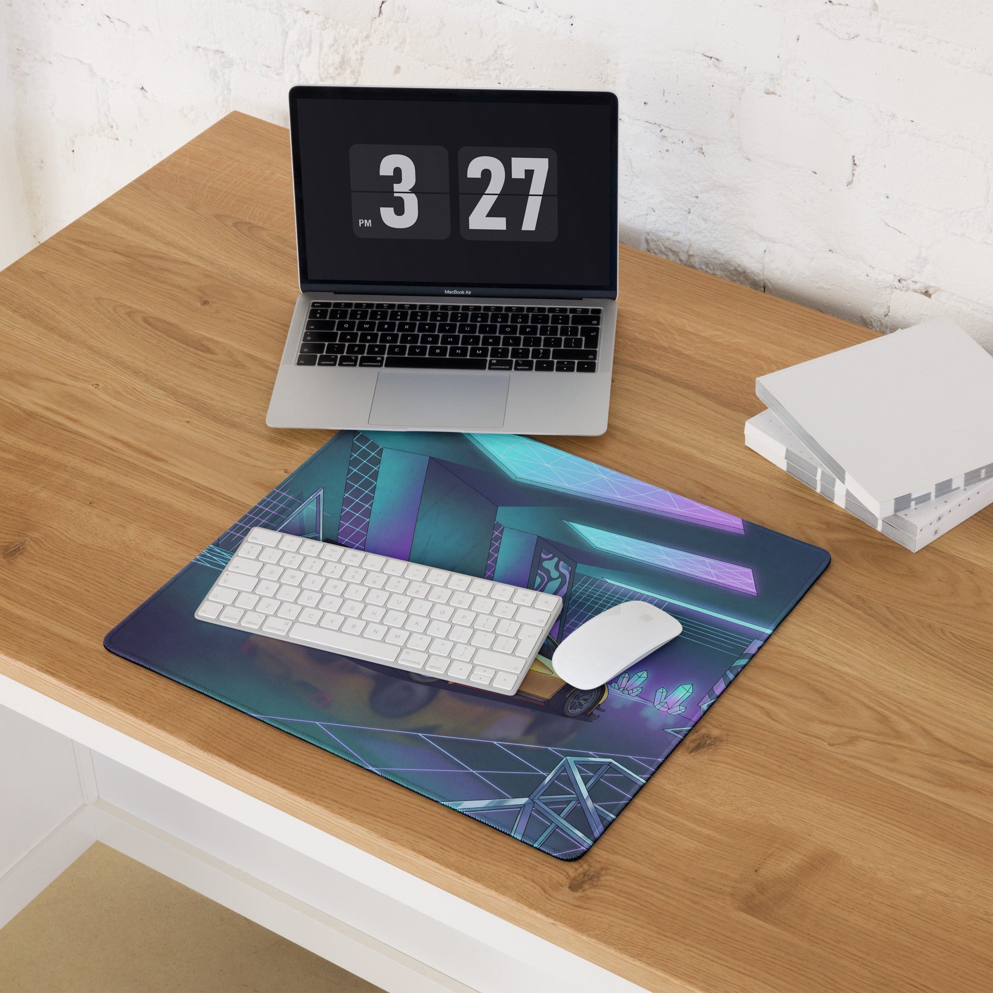 Ferrari 488 GT3 Inspired Yellow Purple Vaporwave Gaming Mouse Pad – Neon Crystal Garage Desk Mat, Retro Futuristic Race Car Digital Art