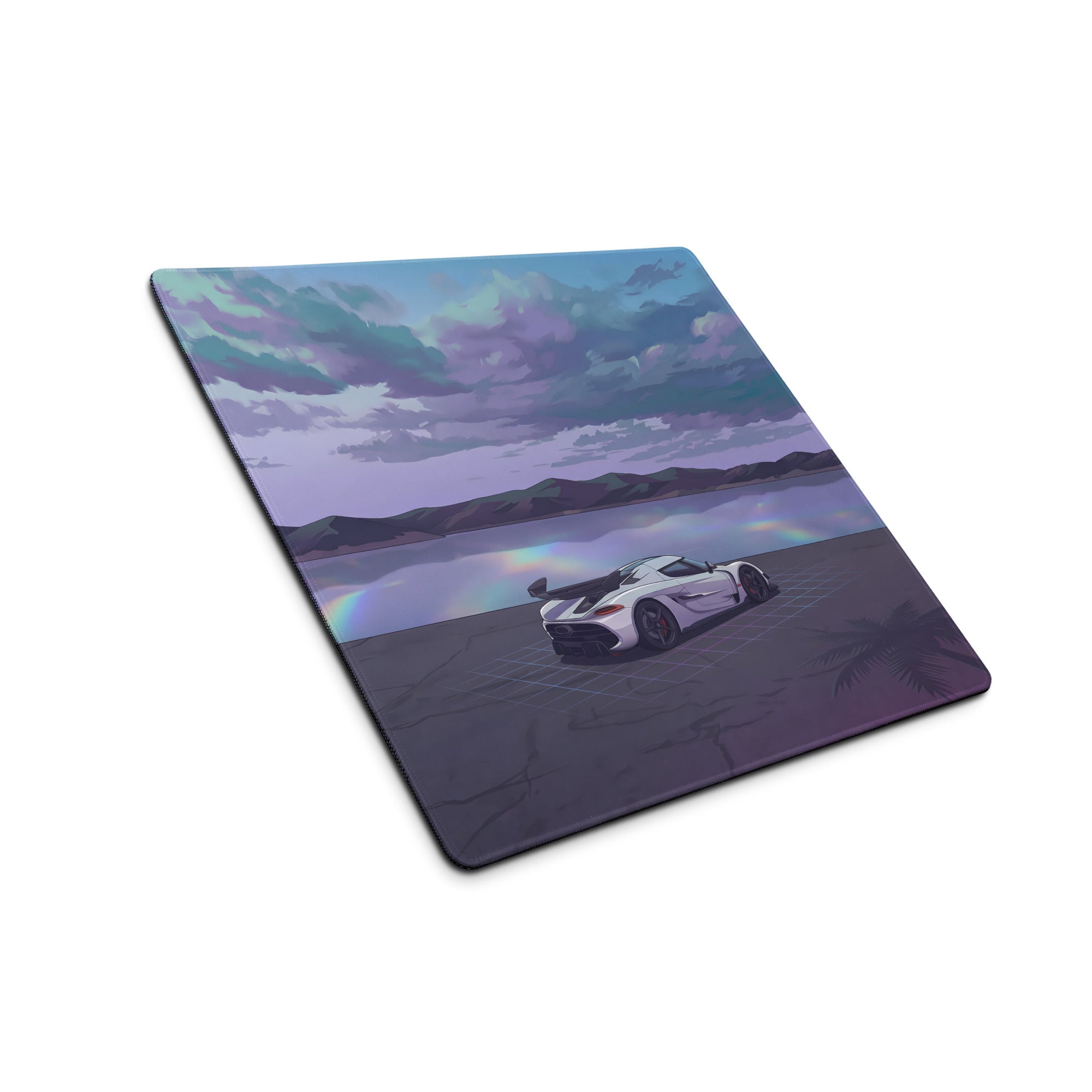 Koenigsegg Jesko Attack Inspired White Purple Vaporwave Gaming Mouse Pad – Dreamy Lakeside Palm Tree Desk Mat, Retro Futuristic Hypercar Digital Art