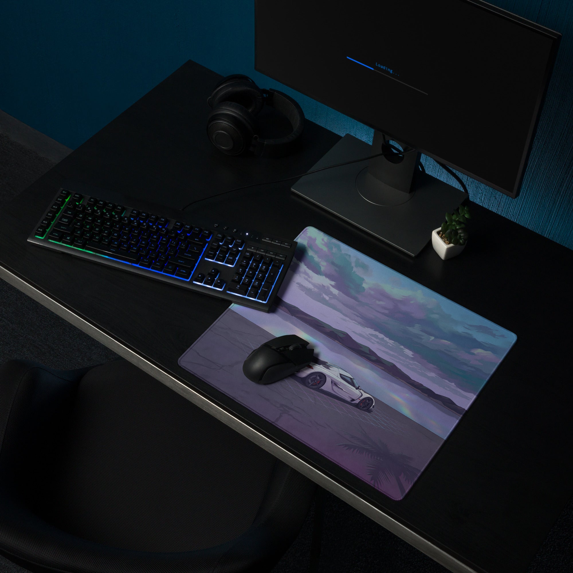 Koenigsegg Jesko Attack Inspired White Purple Vaporwave Gaming Mouse Pad – Dreamy Lakeside Palm Tree Desk Mat, Retro Futuristic Hypercar Digital Art