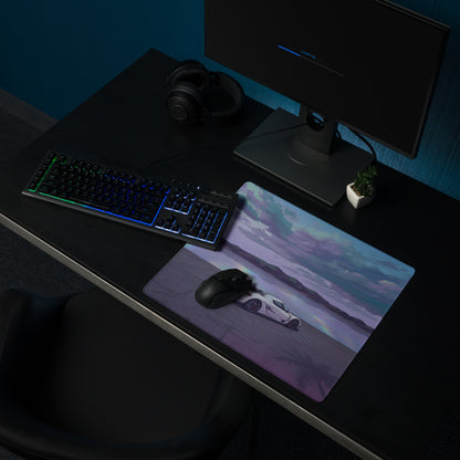 Koenigsegg Jesko Attack Inspired White Purple Vaporwave Gaming Mouse Pad – Dreamy Lakeside Palm Tree Desk Mat, Retro Futuristic Hypercar Digital Art