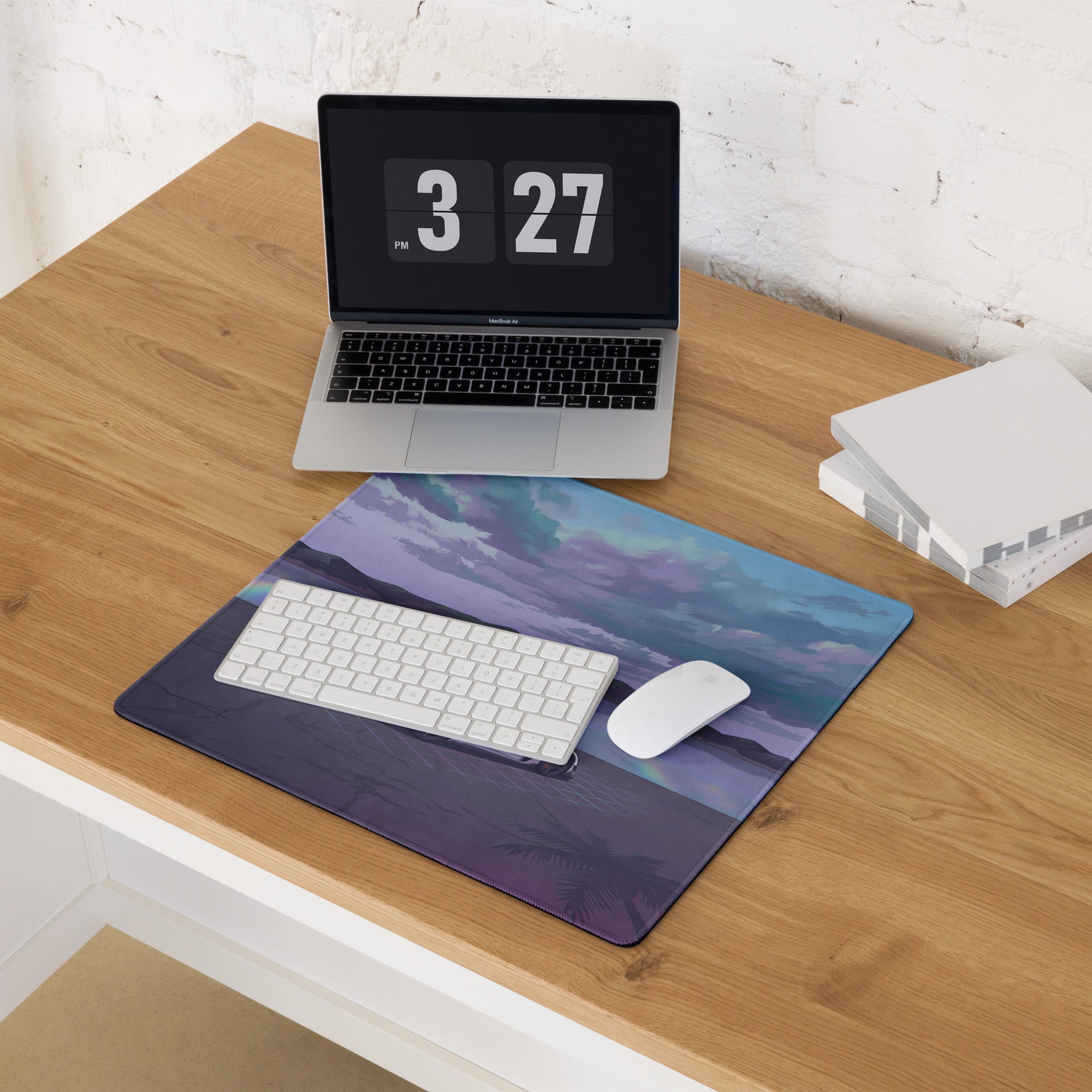 Koenigsegg Jesko Attack Inspired White Purple Vaporwave Gaming Mouse Pad – Dreamy Lakeside Palm Tree Desk Mat, Retro Futuristic Hypercar Digital Art