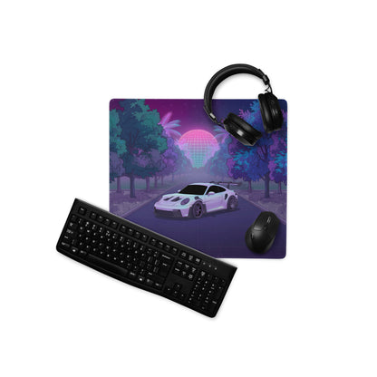 Porsche 911 GT3 RS Inspired White Purple Vaporwave Gaming Mouse Pad – Neon Forest Road Desk Mat, Retro Futuristic Supercar Digital Artwork
