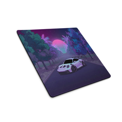 Porsche 911 GT3 RS Inspired White Purple Vaporwave Gaming Mouse Pad – Neon Forest Road Desk Mat, Retro Futuristic Supercar Digital Artwork