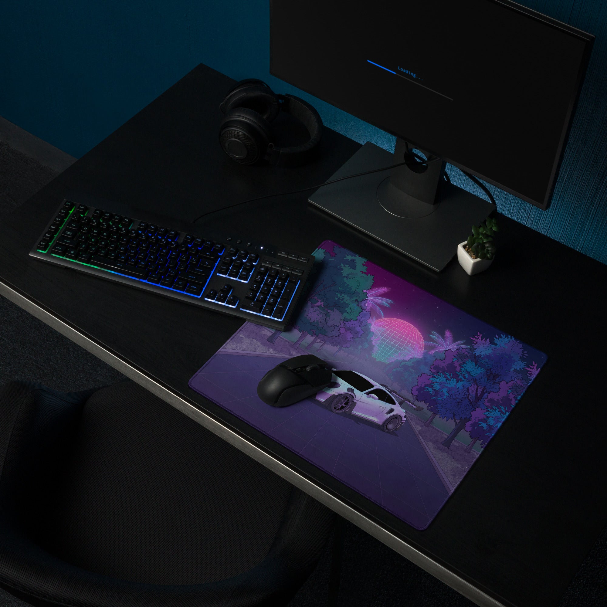 Porsche 911 GT3 RS Inspired White Purple Vaporwave Gaming Mouse Pad – Neon Forest Road Desk Mat, Retro Futuristic Supercar Digital Artwork