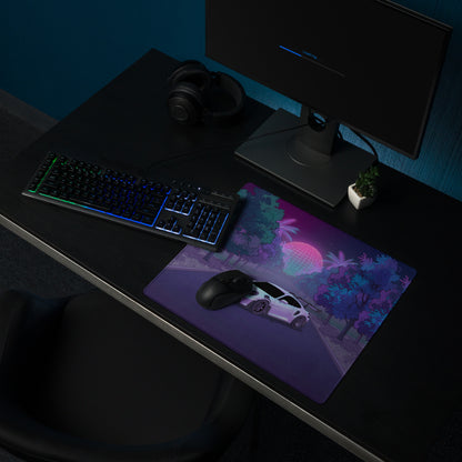 Porsche 911 GT3 RS Inspired White Purple Vaporwave Gaming Mouse Pad – Neon Forest Road Desk Mat, Retro Futuristic Supercar Digital Artwork