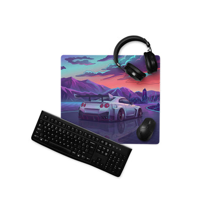 Nissan GT-R R35 Inspired Silver Purple Vaporwave Gaming Mouse Pad – Neon Mountain Highway Desk Mat, Retro Futuristic JDM Supercar Digital Artwork