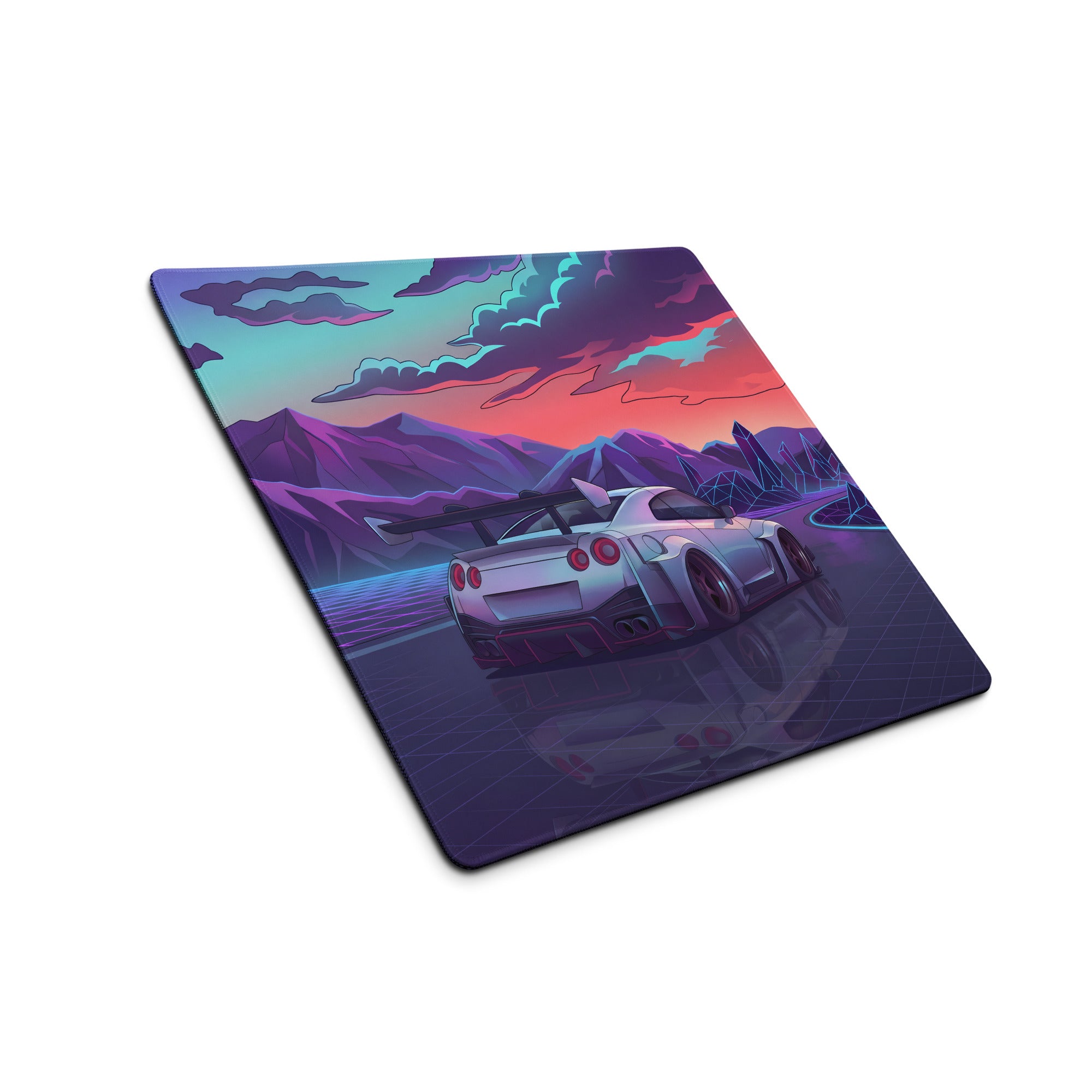 Nissan GT-R R35 Inspired Silver Purple Vaporwave Gaming Mouse Pad – Neon Mountain Highway Desk Mat, Retro Futuristic JDM Supercar Digital Artwork
