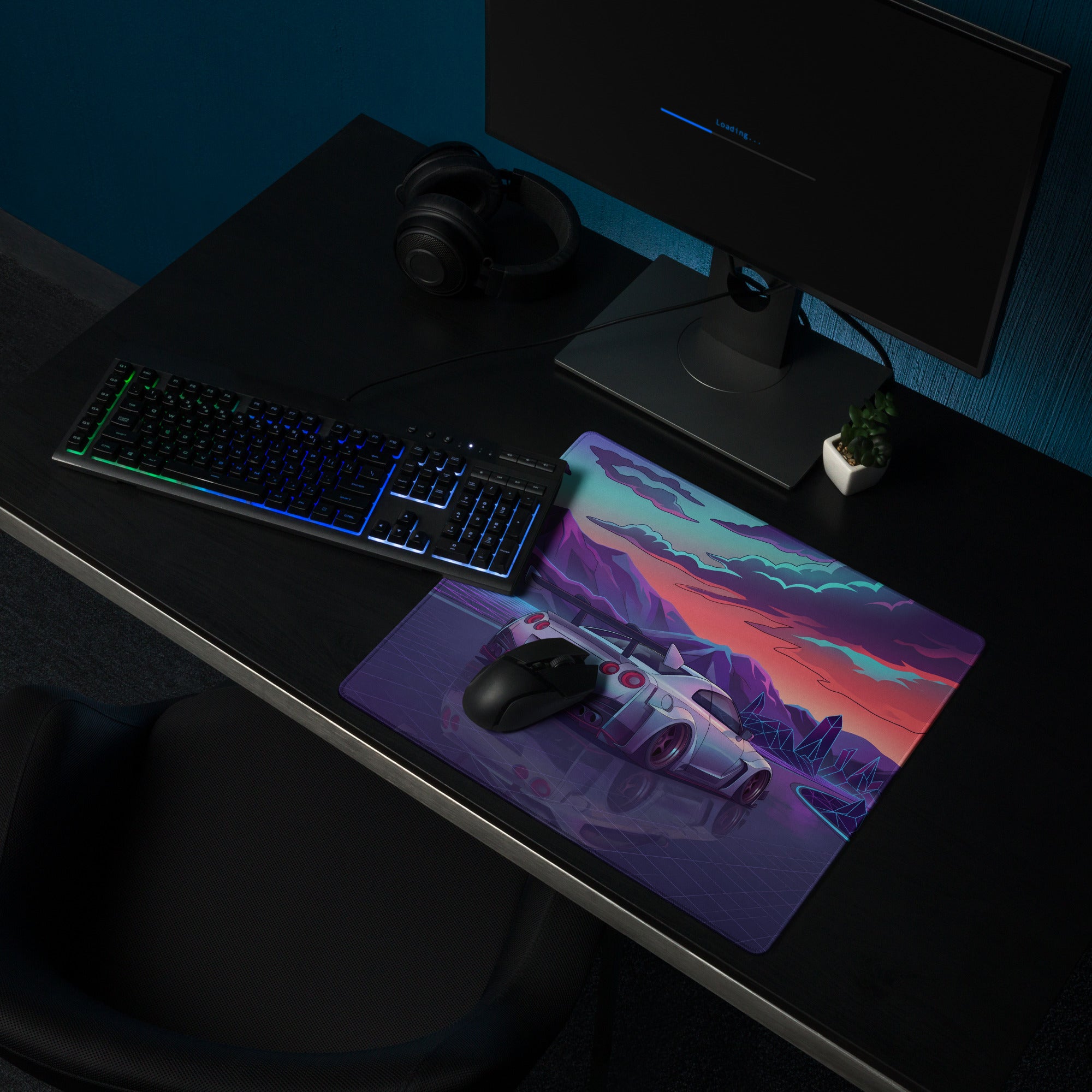 Nissan GT-R R35 Inspired Silver Purple Vaporwave Gaming Mouse Pad – Neon Mountain Highway Desk Mat, Retro Futuristic JDM Supercar Digital Artwork