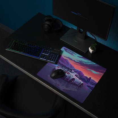 Nissan GT-R R35 Inspired Silver Purple Vaporwave Gaming Mouse Pad – Neon Mountain Highway Desk Mat, Retro Futuristic JDM Supercar Digital Artwork