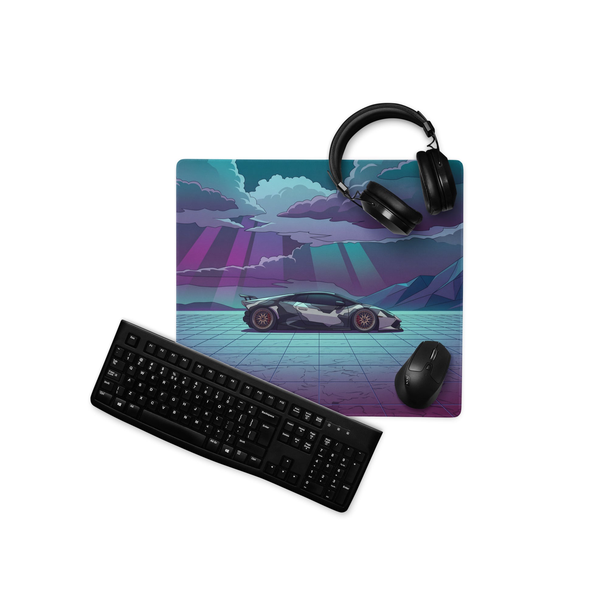Lamborghini Huracán STO Inspired Black White Vaporwave Gaming Mouse Pad – Neon Desert Grid Desk Mat, Retro Futuristic Supercar Digital Artwork