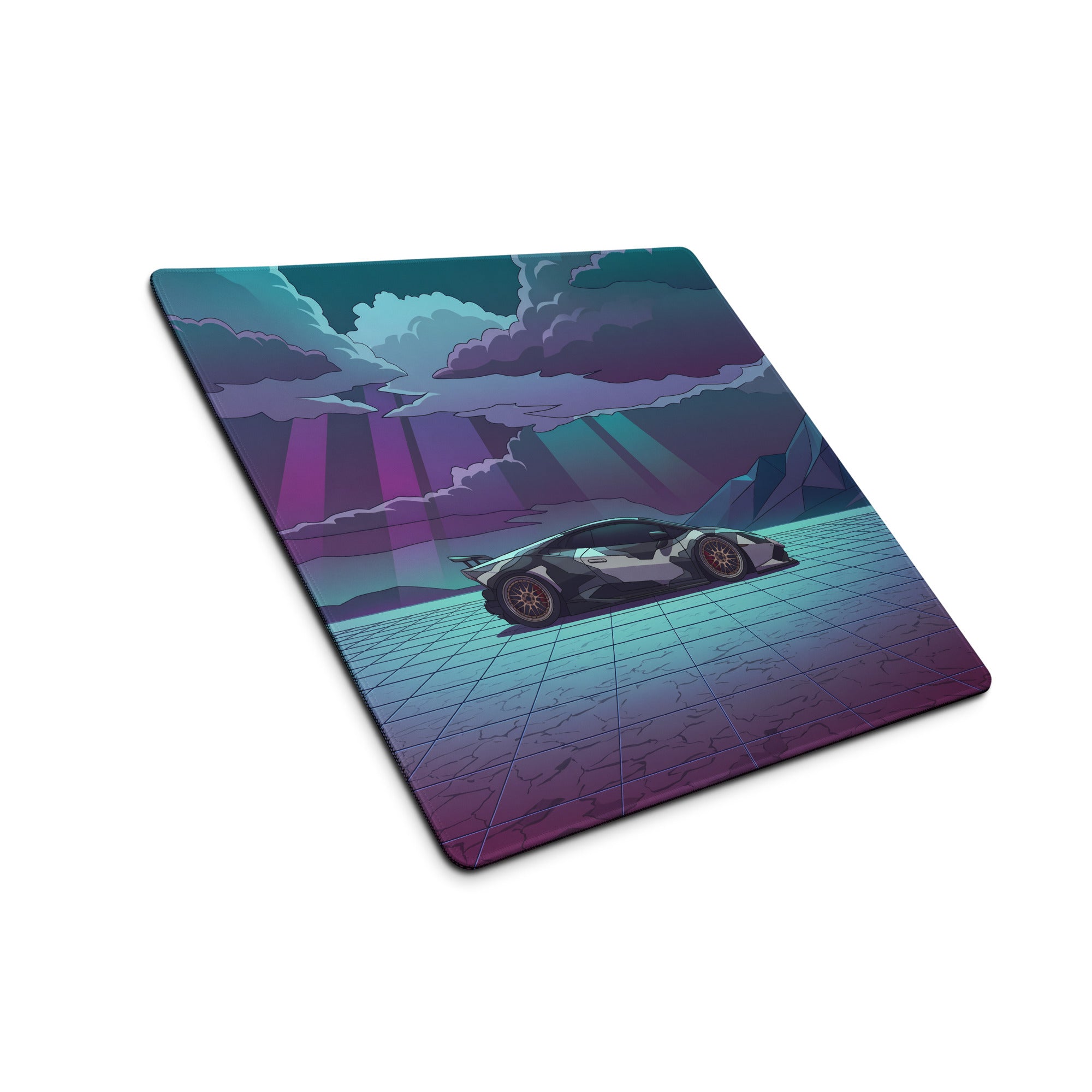 Lamborghini Huracán STO Inspired Black White Vaporwave Gaming Mouse Pad – Neon Desert Grid Desk Mat, Retro Futuristic Supercar Digital Artwork