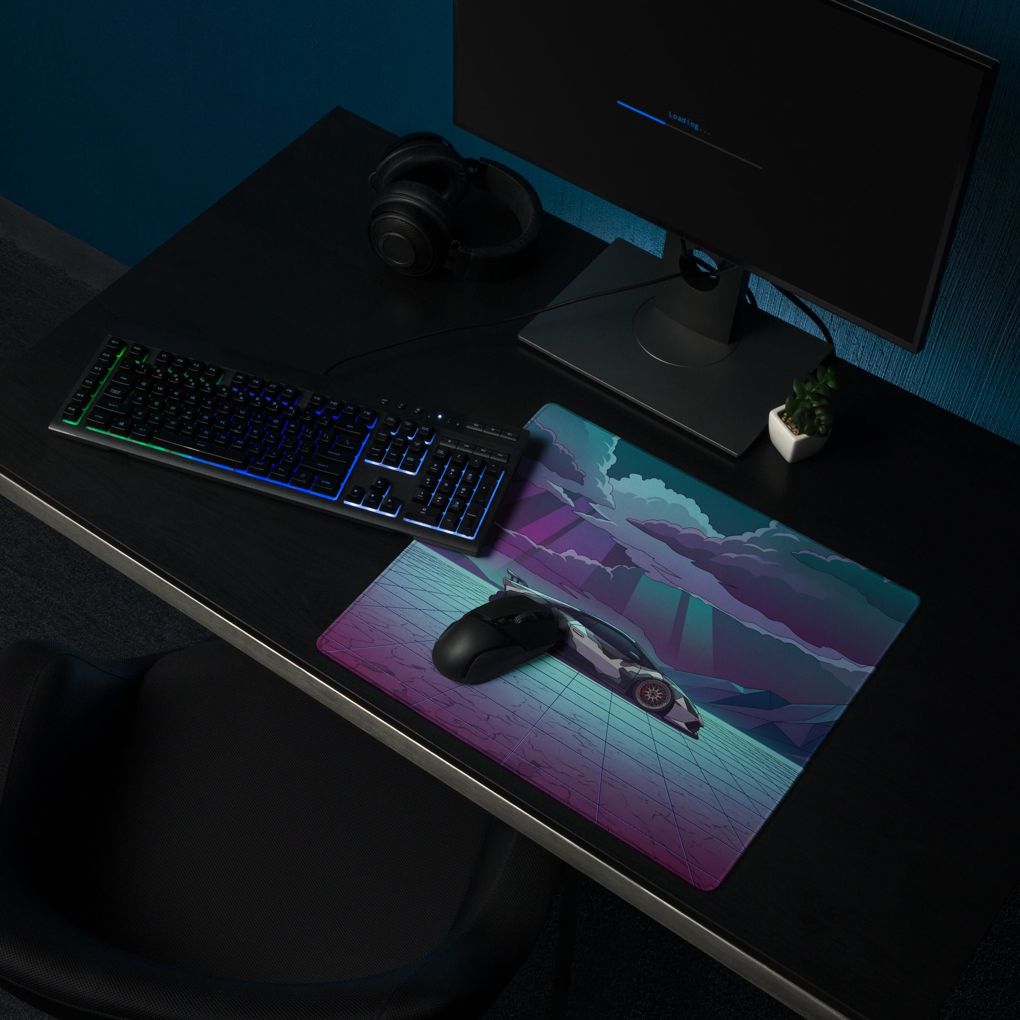 Lamborghini Huracán STO Inspired Black White Vaporwave Gaming Mouse Pad – Neon Desert Grid Desk Mat, Retro Futuristic Supercar Digital Artwork