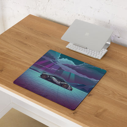 Lamborghini Huracán STO Inspired Black White Vaporwave Gaming Mouse Pad – Neon Desert Grid Desk Mat, Retro Futuristic Supercar Digital Artwork
