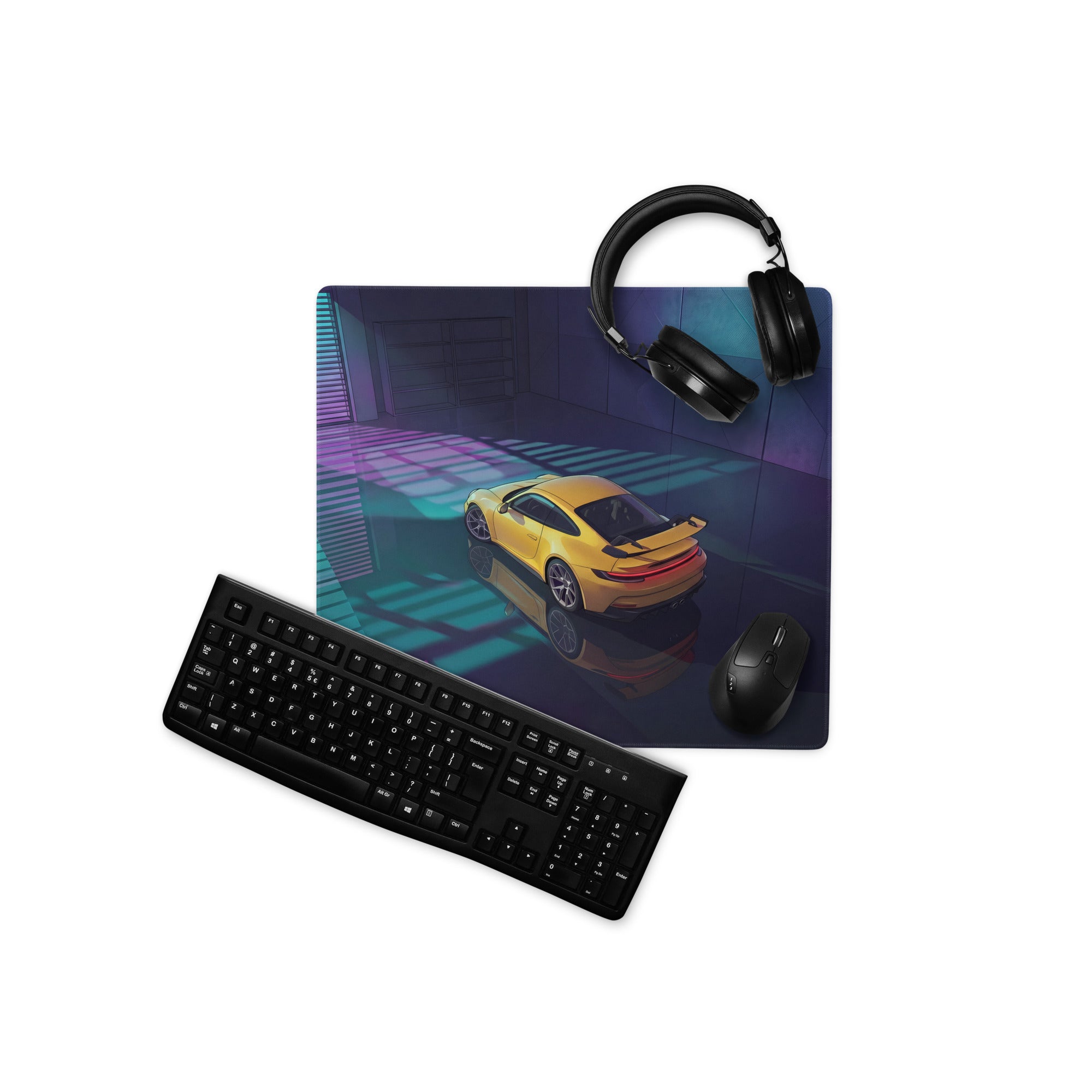 Porsche 911 GT3 Inspired Yellow Teal Vaporwave Gaming Mouse Pad – Neon Garage Desk Mat, Moody Retro Futuristic Supercar Digital Artwork