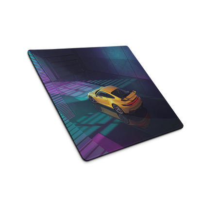 Porsche 911 GT3 Inspired Yellow Teal Vaporwave Gaming Mouse Pad – Neon Garage Desk Mat, Moody Retro Futuristic Supercar Digital Artwork