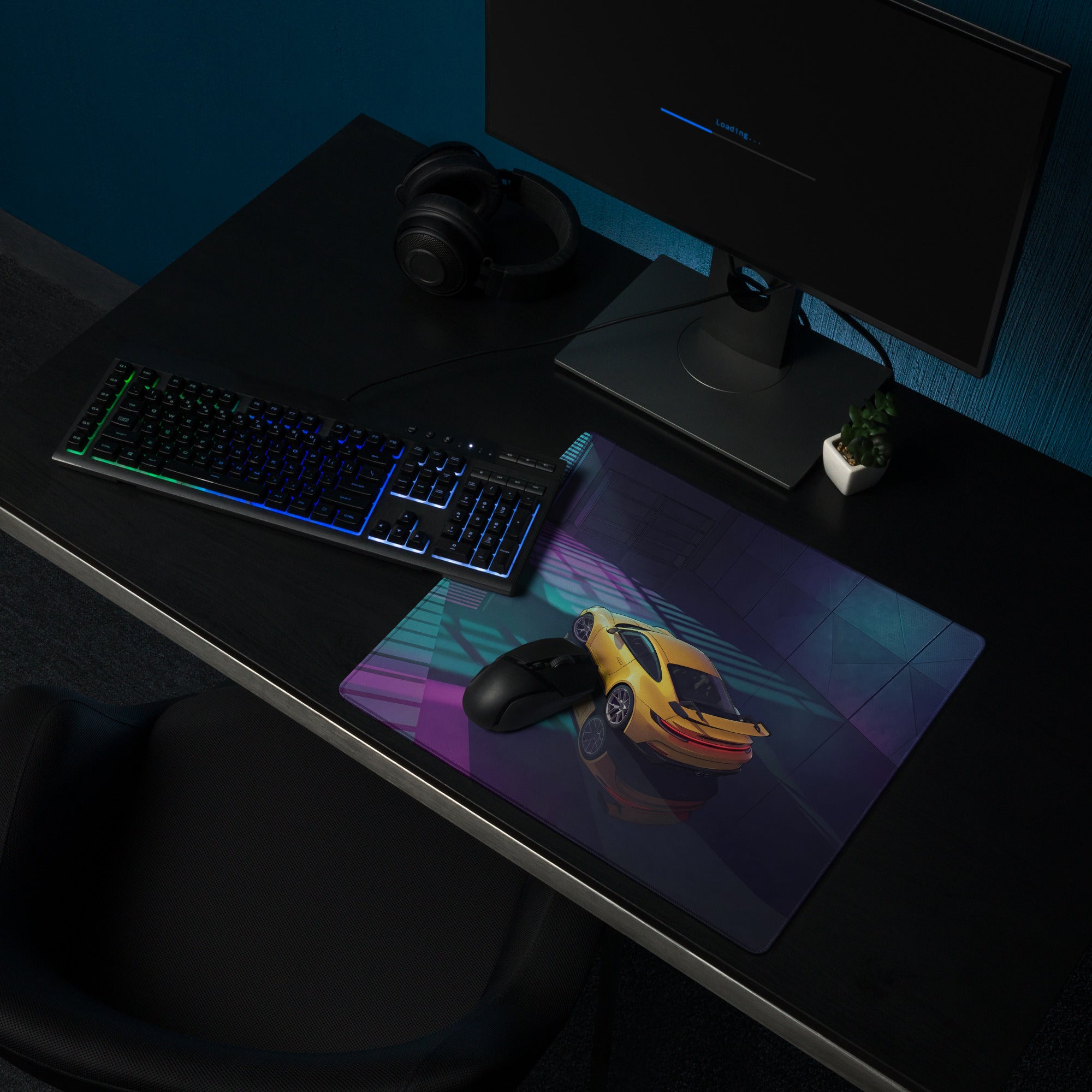Porsche 911 GT3 Inspired Yellow Teal Vaporwave Gaming Mouse Pad – Neon Garage Desk Mat, Moody Retro Futuristic Supercar Digital Artwork