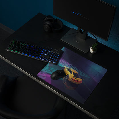 Porsche 911 GT3 Inspired Yellow Teal Vaporwave Gaming Mouse Pad – Neon Garage Desk Mat, Moody Retro Futuristic Supercar Digital Artwork