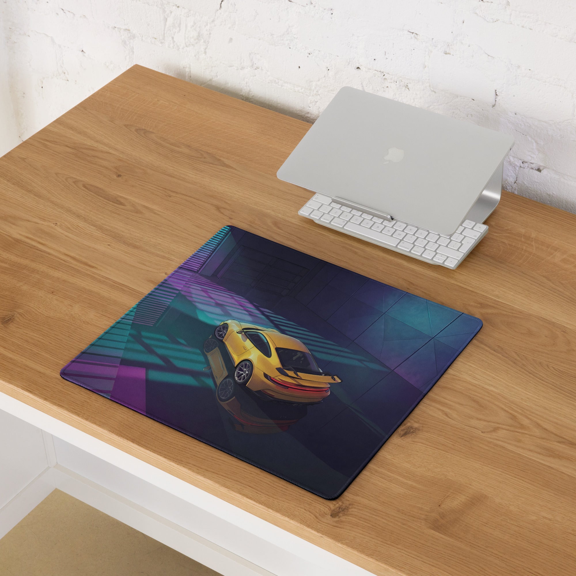 Porsche 911 GT3 Inspired Yellow Teal Vaporwave Gaming Mouse Pad – Neon Garage Desk Mat, Moody Retro Futuristic Supercar Digital Artwork