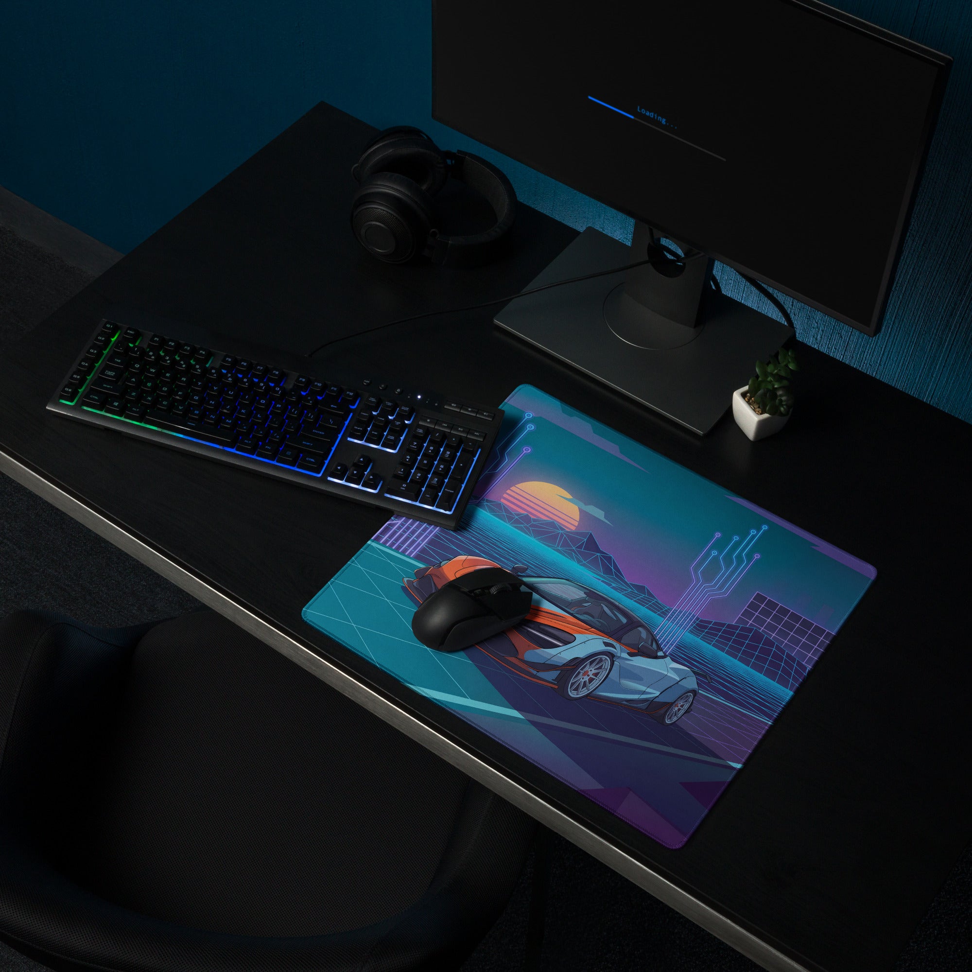 McLaren 720S Inspired Widebody Orange Blue Vaporwave Gaming Mouse Pad – Neon Cyber Grid Desk Mat, Retro Futuristic Supercar Digital Artwork