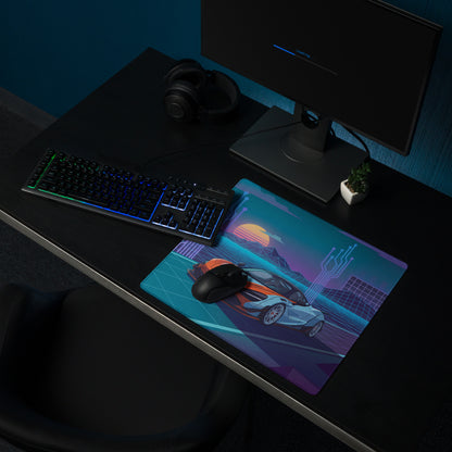 McLaren 720S Inspired Widebody Orange Blue Vaporwave Gaming Mouse Pad – Neon Cyber Grid Desk Mat, Retro Futuristic Supercar Digital Artwork